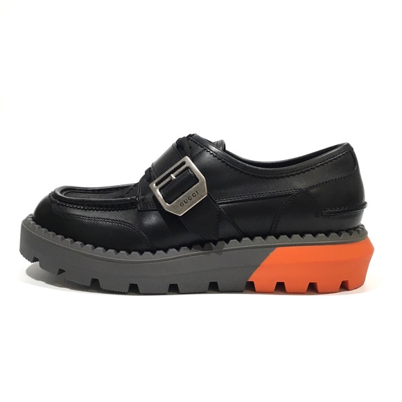 GUCCI LACE-UP BUCKLE LEATHER LOAFERS -BLACK / ORANGE -MEN US 10.5 -NEW - Picture 4 of 9